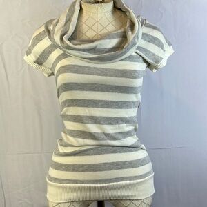 Poof Long Cowl Neck Sweater Size Small Gray and White Stripe Like New
